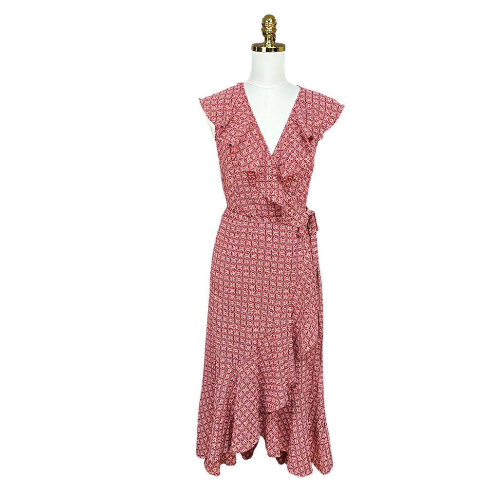 NWT Max Studio Red Geometric Floral Ruffle‎ Wrap Midi Dress Womens Size M New